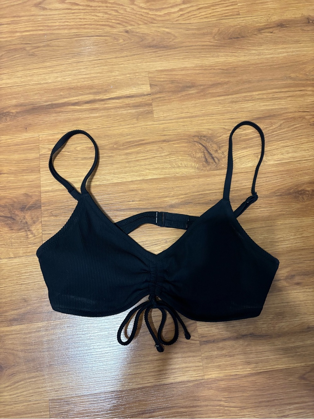 aerie Black Ribbed Drawstring Bikini Top